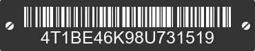 2008 TOYOTA Camry 4T1BE46K98U731519 VIN decoded